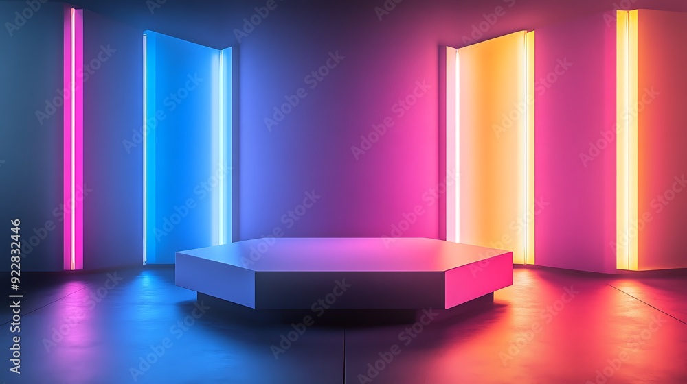 Poster 3D Podium with Hexagonal Platform Surrounded by Floating Illuminated Panels in a Dark Futuristic Space