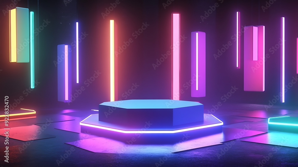 Poster 3D Podium with Hexagonal Platform Surrounded by Floating Illuminated Panels in a Dark Futuristic Space