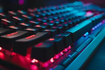 Close up of a computer keyboard with red and blue led lights.