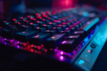 Close up of a computer keyboard with red and blue led lights.