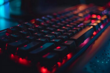 Fototapeta premium Close up of a computer keyboard with red and blue led lights.