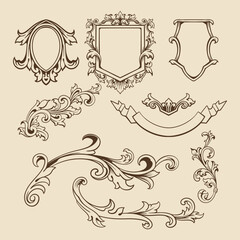 Baroque engraved. Victorian floral ornamental borders, luxury vintage decorative frame elements. Vector illustration royal set for wedding invitation and greeting cards, ornaments romantic invitations