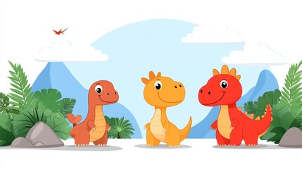 Naklejka premium Cute cartoon dinosaurs in a prehistoric setting