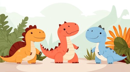 Cute cartoon dinosaurs in a prehistoric setting