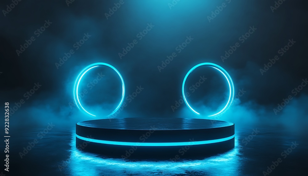 Poster Floating 3D Podium with Circular Base Surrounded by Translucent Rings Emitting Soft Glow in Dark Space