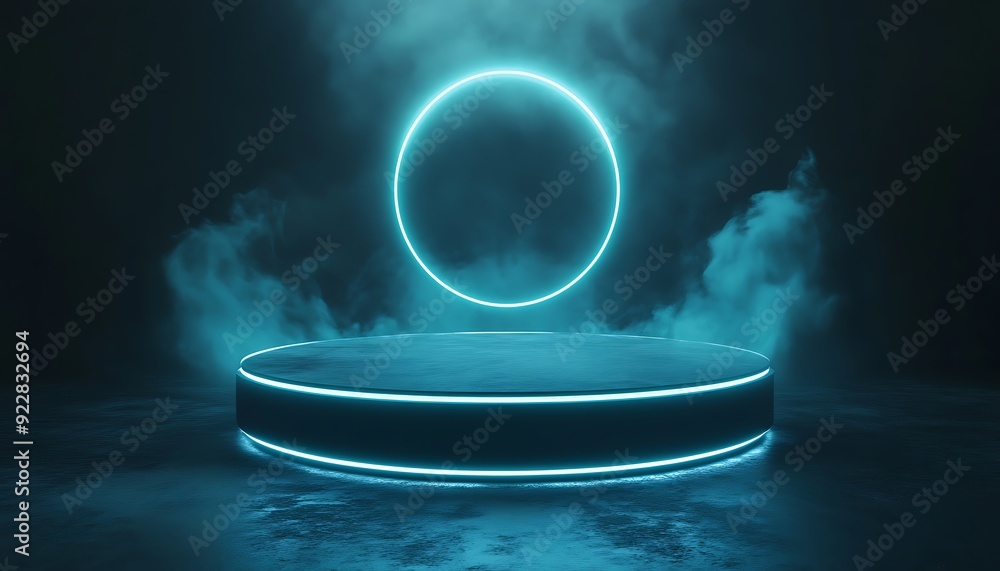 Poster Floating 3D Podium with Circular Base Surrounded by Translucent Rings Emitting Soft Glow in Dark Space