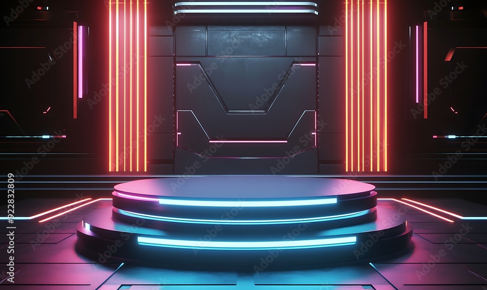 Aufkleber Futuristic 3D Podium with Angular Overlapping Layers Emitting Soft Under-glow in a Dark High-Tech Space
