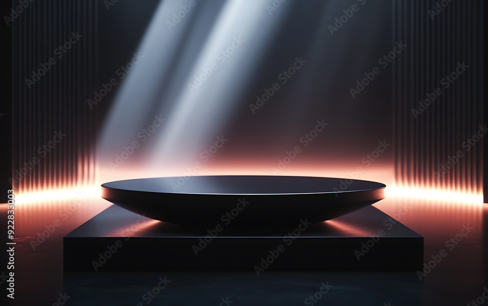 Poster 3D Podium with Sleek Elliptical Design Illuminated by Surrounding Light Beams in a Dark Minimalistic Space