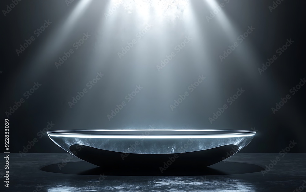 Poster 3D Podium with Sleek Elliptical Design Illuminated by Surrounding Light Beams in a Dark Minimalistic Space