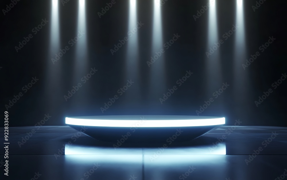 Poster 3d podium with sleek elliptical design illuminated by surrounding light beams in a dark minimalistic