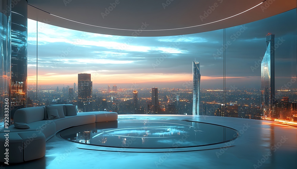 Poster 3d room with circular layout and transparent walls revealing panoramic view of futuristic cityscape
