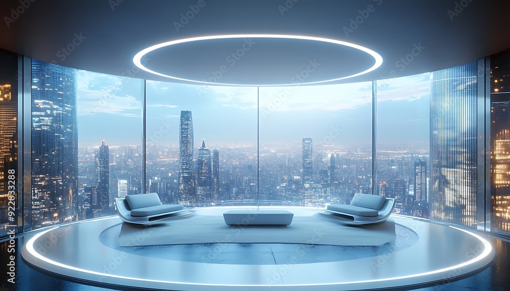 Poster 3d room with circular layout and transparent walls revealing panoramic view of futuristic cityscape