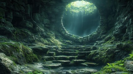 Stone Steps Leading to Light in a Mossy Cave.