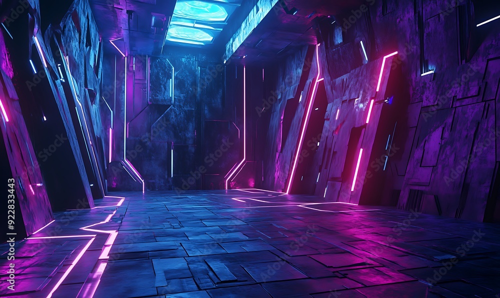 Leinwandbilder futuristic 3d room with angular geometric shapes and neon lights in a high-tech immersive space