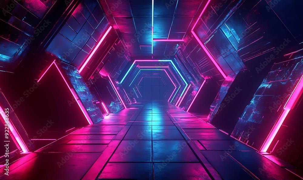 Poster Futuristic 3D Room with Angular Geometric Shapes and Neon Lights in a High-Tech Immersive Space