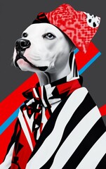 A stylish dog dressed in a striking, geometric-patterned outfit, blending with a vibrant, abstract background