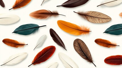 Boho-style feathers adorned with intricate tribal patterns, showcasing earth tones like ochre, sage, and burnt sienna, floating gracefully against a soft background