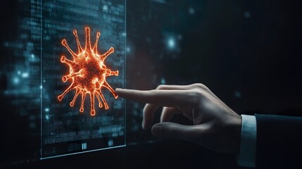 A hand is pointing at a red virus on a computer screen