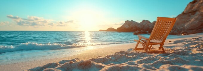 Hyper-Realistic Photo of Wooden Gradient Color Baby Chair on Hot Sand with Sea and Blurred Beach Landscape in Background, Blue Sky and Sunlight, Copy Space on Right Side
