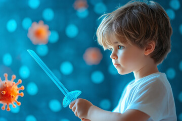 A young child fighting a large orange virus with a blue plastic sword in school. 