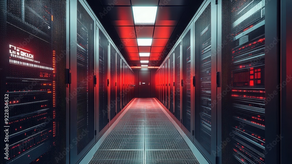 Poster futuristic data center corridor showing server racks with high speed data transferring
