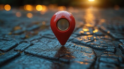 Red Map Pin on Wet Stone Pathway.