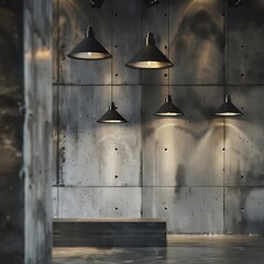 Modern loft interior with concrete wall and lamps.