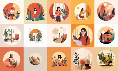 Vibrant and Modern Illustrations of People in Various Activities with Nature and Plants