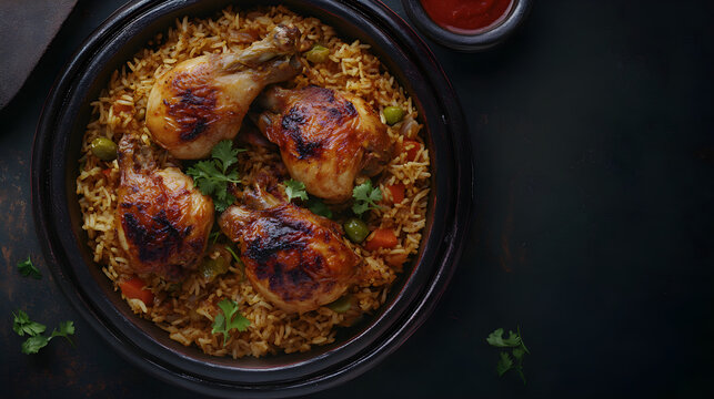 Top view of mouthwatering Chicken Kabasa with rice mandi dish in Saudi