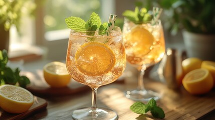 Fototapeta premium Refreshing Summer Cocktail with Lemon and Mint.