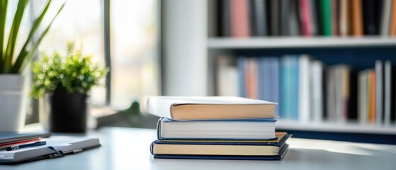 Stack of Hardback Books on White Table Beside Bookshelf