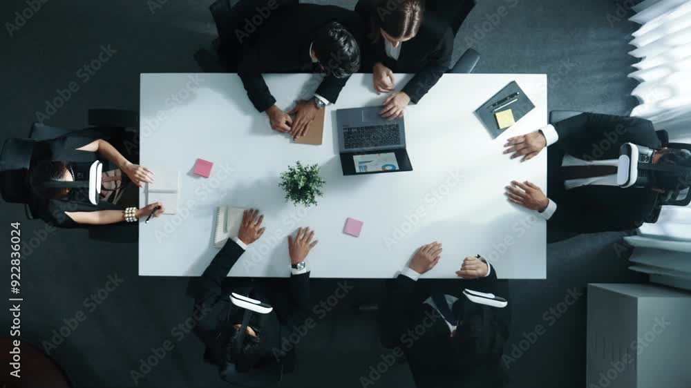Poster top view of smart business group wearing vr headset while project manager using laptop and phone sen