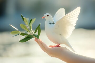 Emblem of Peace: A White Dove Holding an Olive Branch, Inspiring Serenity and Universal Harmony.