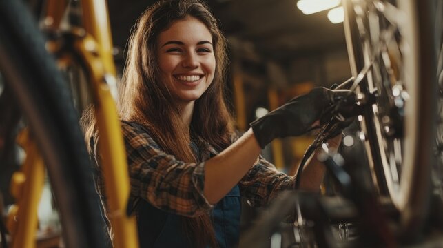 Smiling Female Bicycle Mechanic in Workshop