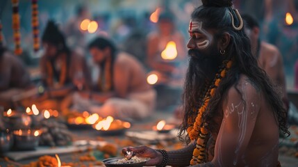 Maha Shivaratri festival with devotees performing rituals, fasting, and worshipping Shiva with traditional offerings and prayers