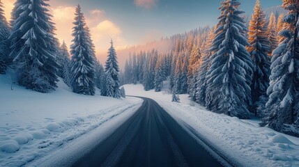 Obraz premium Winding Road Through Snowy Forest at Sunset