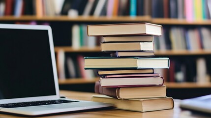 Stack of Books Next to Laptop in Library
