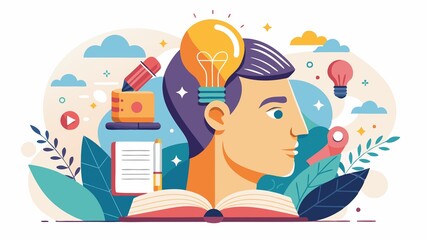 Obraz premium This captivating art collage showcases an open book and a light bulb, symbolizing the continuous process of learning and innovation. The importance of exploration and experimentation in the pursuit