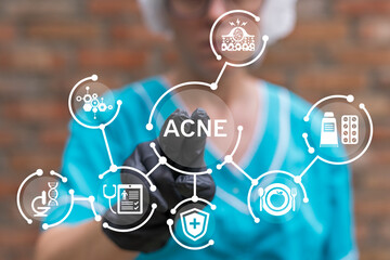 Acne Skin Care Cosmetics Medicine concept. Problem skincare and health. Сosmetologist or nurse using virtual touch screen presses word: ACNE.