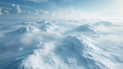 Snow-Covered Mountains with Misty Peaks and a Clear Blue Sky