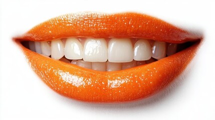 A close-up of a smile with glossy orange lipstick