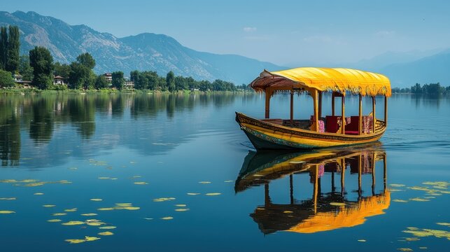 Shikara boat floating on Dal Lake in Srinagar, Jammu and Kashmir, India , Shikara, boat, Dal Lake, Srinagar 
