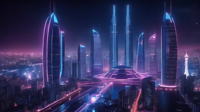  city concept towers mega capital technology futuristic virtual Neon night modern future style building reality life