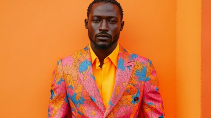 A man in a colorful patterned suit stands against a bright orange background