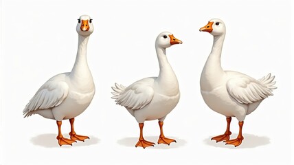 Illustration of Three White Domestic Geese with Orange Beaks and Feet on White Background