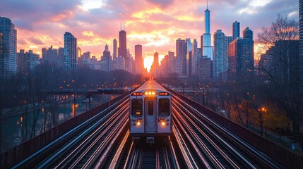 Obraz premium Train passing by over bridge of City of Chicago transport system Illinois USA 