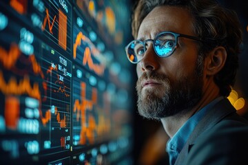 A Man in Glasses Scrutinizes Stock Market Data on a Large Screen