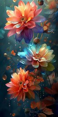 A vibrant digital illustration of blooming lotus flowers with water droplets.
