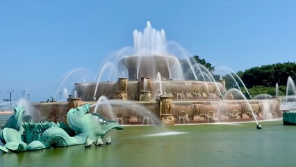 Buckingham Fountain in the Beautiful city of Chicago with a wonderful clear blue sky.