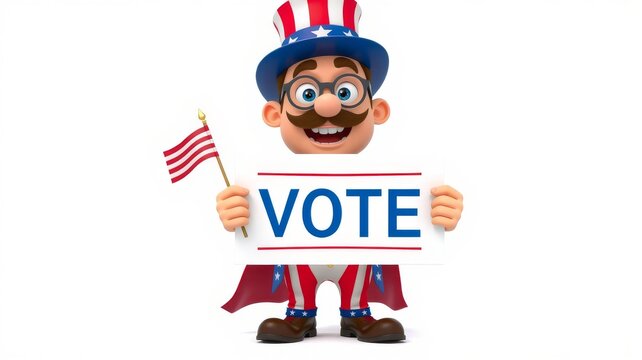 Patriotic Cartoon Character Holding 'Vote' Sign and American Flag for Election Campaigns
